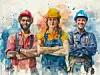 A diverse group of workers features a woman in overalls and a hard hat, alongside two male construction workers with crossed arms against a watercolor background.