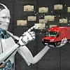 Künstliche Intelligenz in Form eines hunanoiden Roboters bewegt Pakete zu einem Lieferfahrzeug.