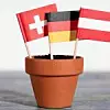 In einem Blumentopf stecken die Fahnen von Deutschland, Österreich und der Schweiz.