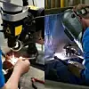 Schweißer:innen bei der Arbeit - rechts mit einem Laser, links mit einem Lichtbogen