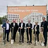 Spatenstich für die künftige Europazentrale von DMG Mori (v.l.n.r.): Tobias Gotthardt (Bayerisches Staatsministerium), Clemens Baumgärtner (Stadt München), Robert Hübner (RH Unternehmensgruppe), Dr.-Ing. Masahiko Mori (DMG MORI), Ulrike Sabel (Competo Capital Partners), Prof. Robert Biedermann (Kanzlei Prof. Hauth & Partner.