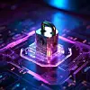 Hologram Of Security Padlock Operating Electronic Circuit Board With Processor, Cyber Security, Information Security , Data Protection, Network Security, Hacker, Cyber Attack, Firewall