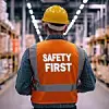 Back view of a warehouse worker wearing a reflective safety vest with “SAFETY FIRST” text, emphasizing industrial safety and workplace protocols.