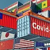 Auf verschiedenen Containern sind die Länderflaggen abgebildet, darunter die von Taiwan. Auf einem anderen Container steht Covid-19.