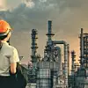 Eine Frau mit Helm, möglicherweise eine Ingenieurin, blickt auf eine Prozessanlage im Sonnenuntergang. Möglicherweise hat sie gerade einen Turnaround geplant. - Symbol