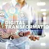 Digital Transformation mit Symbolen und Mensch mit Hemd im Hintergrund