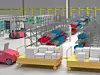 Virtueller Routenzug fährt durch eine digitale Fabrik. Darin stehen auch Regale, Gabelstapler, Kommissionierer und Hängeförderer