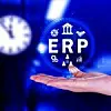 ERP Concept, Enterprise resource planning concept, analyzing ERP system on virtual screen, Connections between business intelligence, HR and CRM modules.