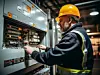 A man in a hard hat is focused on calibrating and programming an electrical panel, ensuring its proper functionality and safety