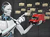 Künstliche Intelligenz in Form eines hunanoiden Roboters bewegt Pakete zu einem Lieferfahrzeug.