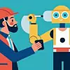 A worker adjusts the settings on a robot coworker carefully inspecting its functions before assigning it tasks. The seamless integration of