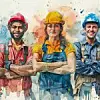 A diverse group of workers features a woman in overalls and a hard hat, alongside two male construction workers with crossed arms against a watercolor background.