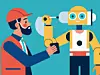 A worker adjusts the settings on a robot coworker carefully inspecting its functions before assigning it tasks. The seamless integration of