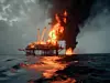 Devastating Oil Rig Fire in the Middle of the Sea: Offshore Platform Burning Catastrophe with Fire and Smoke Engulfing Construction