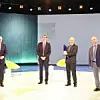 Das Forscher-Team von Zeiss, Trumpf und Fraunhofer wurde mit dem Deutschen Zukunftspreis 2020 ausgezeichnet (von links): Bundespräsident Frank-Walter Steinmeier, Dr. Michael Kösters (Trumpf), Dr. Peter Kürz (Zeiss) und Dr. Sergiy Yulin (Fraunhofer).