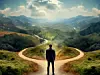 Man at two roads deciding for best chance of environment protection, attractive nature and hills both side, land and technology to manage and make data driven decisions