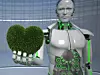 Ein Roboter hält ein grünes Herz in der Hand