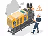 Accident broken fail damage machine in factory trouble in production industry maintenance concept isometric industrial worker on white background isolated