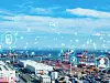 Containerhafen mit digitalen Symbolen darüber