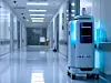 A hospital hallway with a white cleaning robot moving along the floor, Automatic sanitizer dispensing robot in a hospital, AI Generated