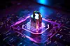 Hologram Of Security Padlock Operating Electronic Circuit Board With Processor, Cyber Security, Information Security , Data Protection, Network Security, Hacker, Cyber Attack, Firewall