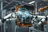 Two robotic arms pointing at industry four point zero interface in a factory setting image business, data