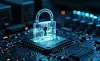 Digital holographic padlock symbolizing cybersecurity on blue circuit board closeup