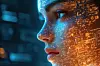 Profil eines Gesichts mit leuchtenden digitalen Mustern in blauen und orangefarbenen Tönen.