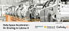 Reihen weißer Auto-Karosserien in einer Produktionshalle mit Fördertechnik und Logos von Data Space Accelerator, Catena-X und Cofinity-X.
